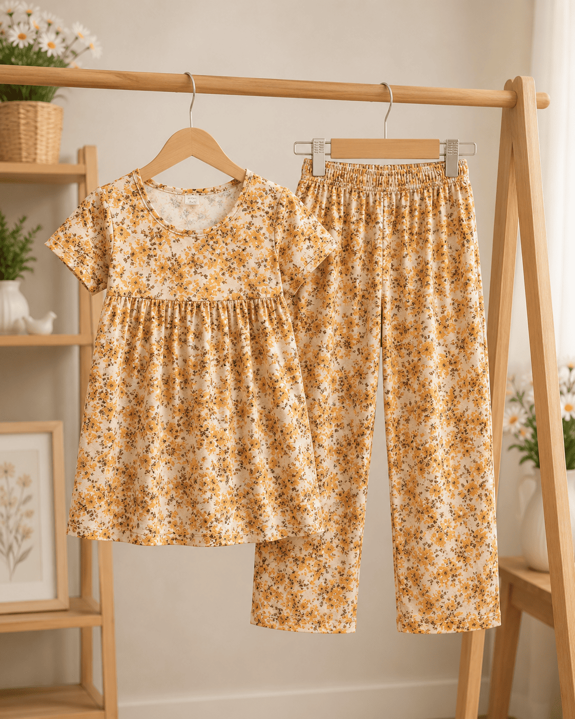 Ory Moon girls' floral frock and pants set for ages 3 to 12, featuring a colorful dress with matching pants and floral patterns.