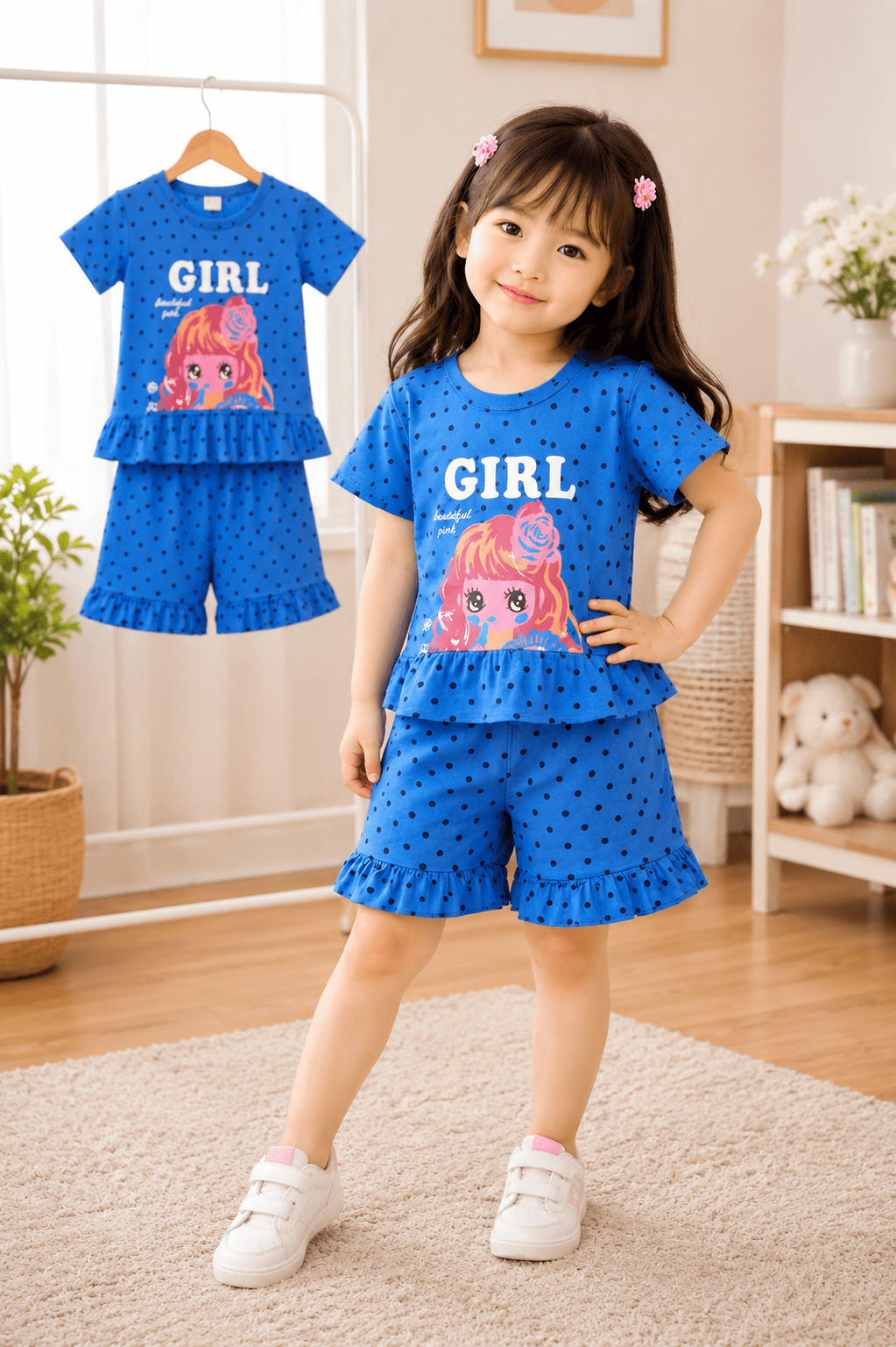Ory Moon kids girls' stylish T-shirt and shorts set with colorful patterns, suitable for ages 6 months to 6 years.
