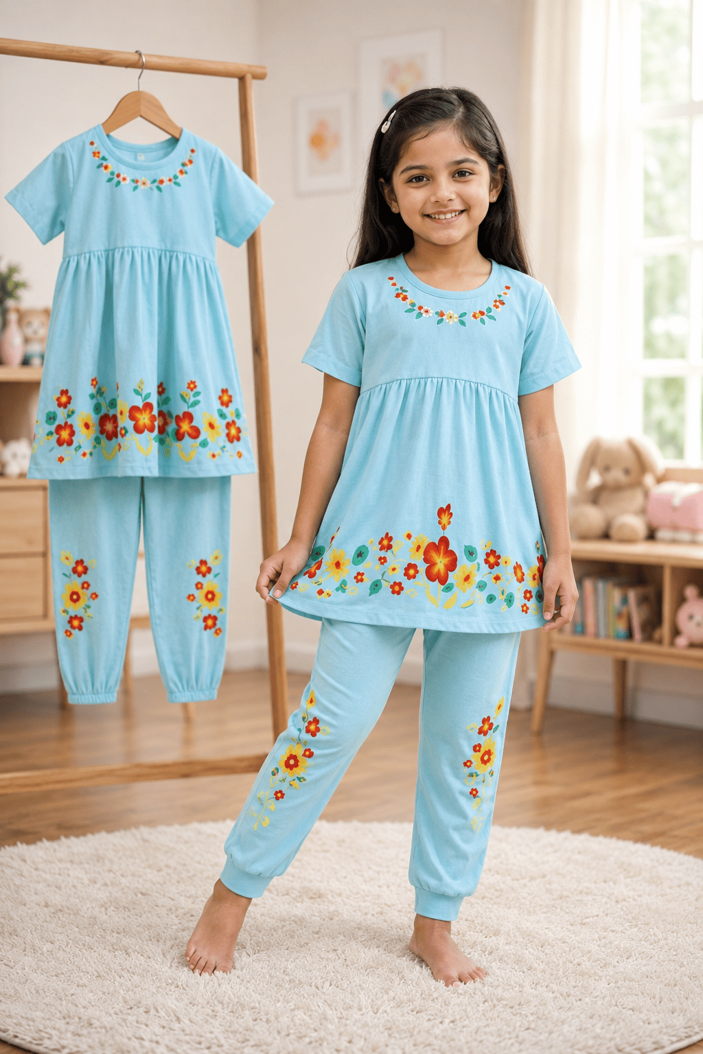 Girls floral frock and pants set by Ory Moon for ages 3 to 12, featuring a colorful floral dress with matching pants.