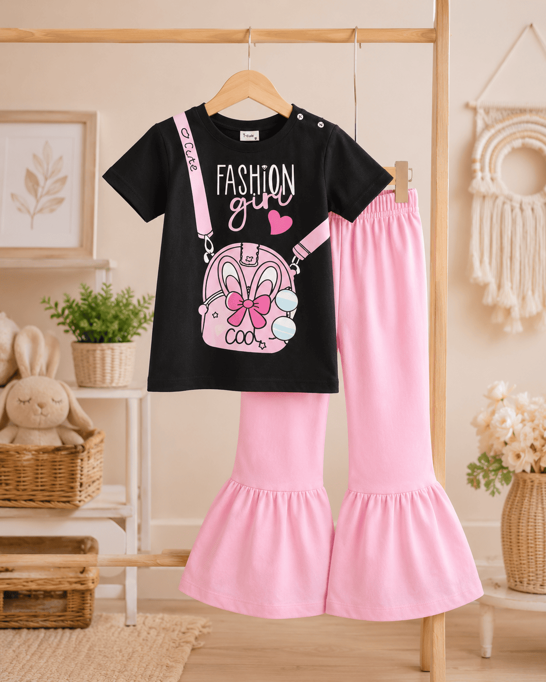 Girls' printed top and pants set for ages 3 to 12 by Ory Moon, featuring colorful soft fabric and comfortable fit.