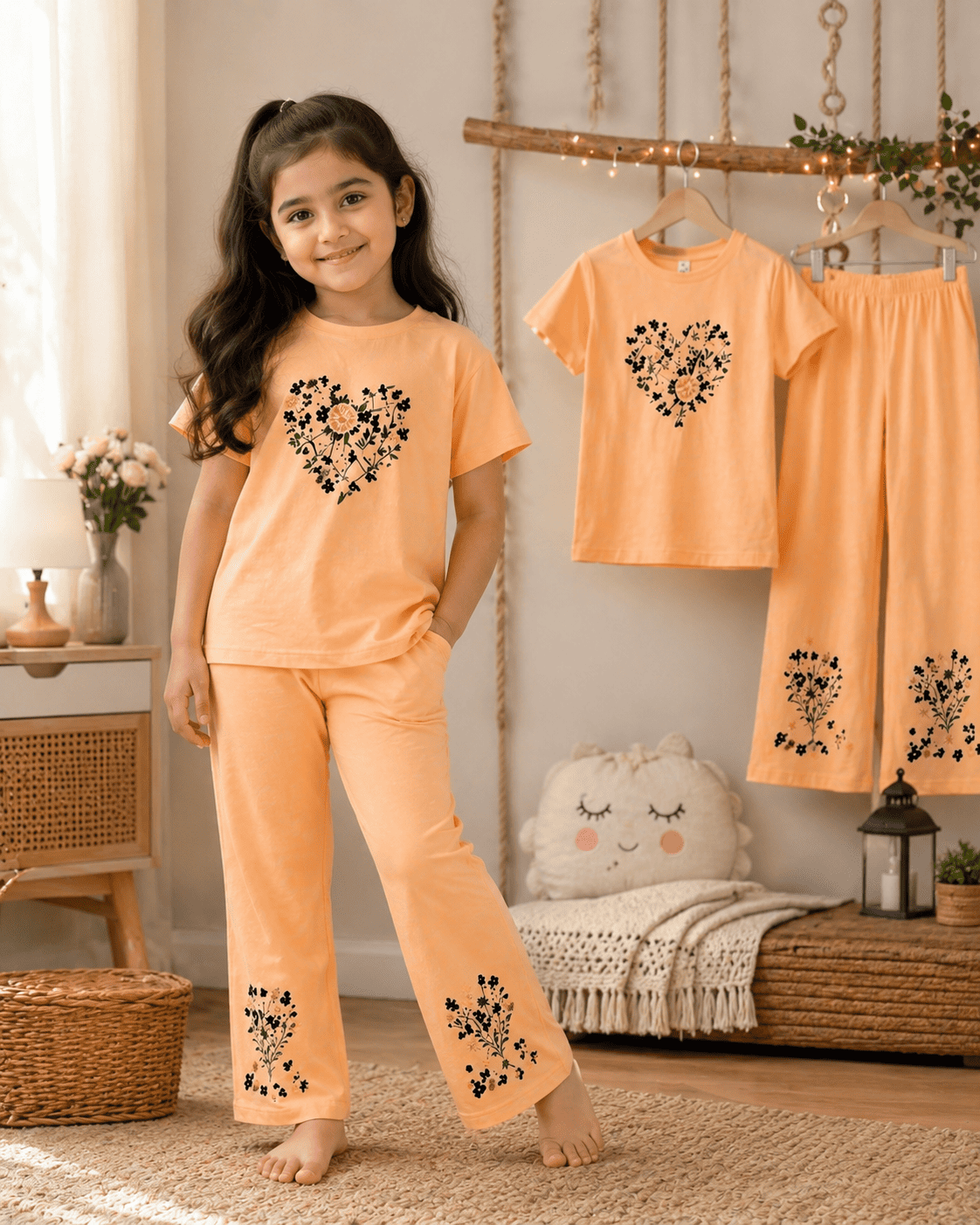 Girls' soft printed top and pants set for ages 3 to 12 from Ory Moon, featuring colorful patterns and comfortable fabric.