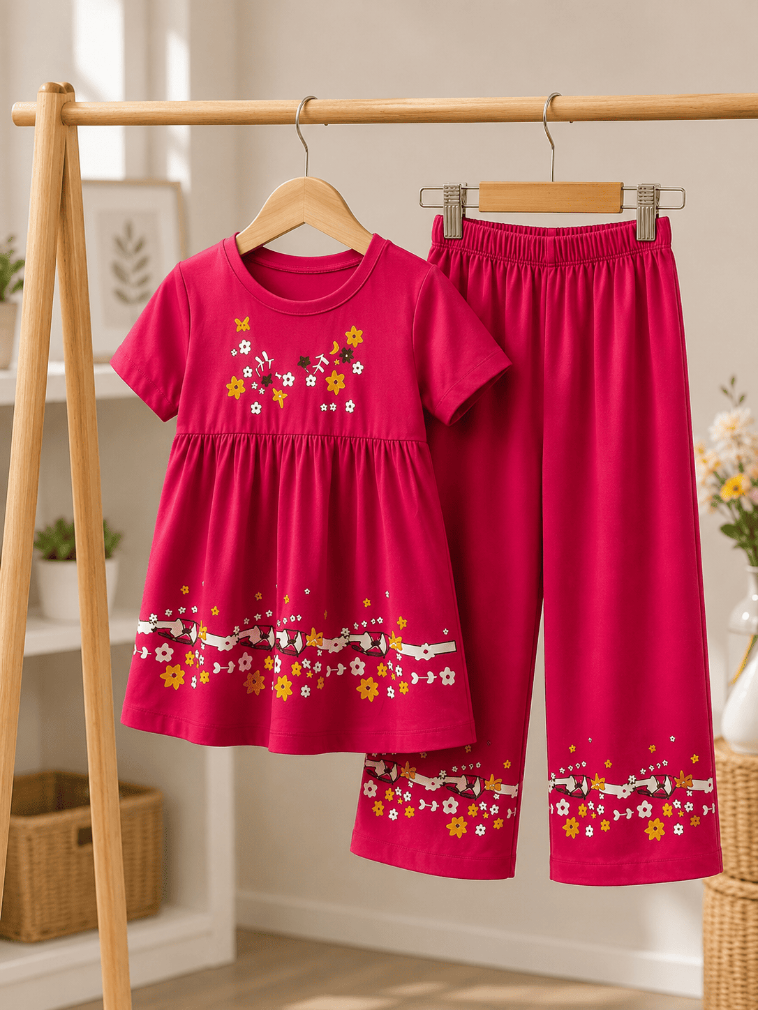 Girls floral frock and pants set by Ory Moon for ages 3 to 12, featuring a colorful floral design and comfortable fabric.