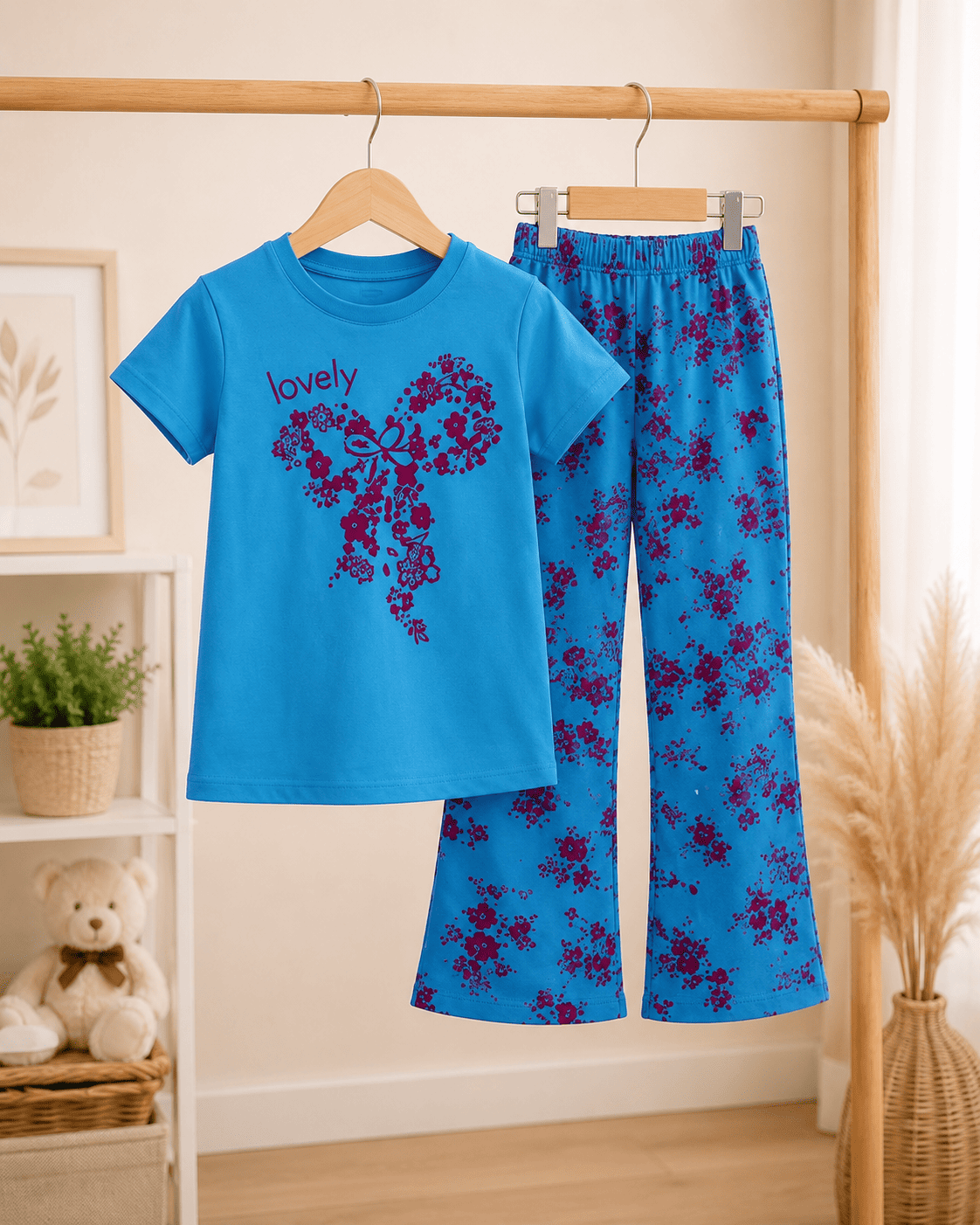 Girls' soft printed top and pants set for 3 to 12 years by Ory Moon, featuring colorful floral patterns and comfortable fabric.