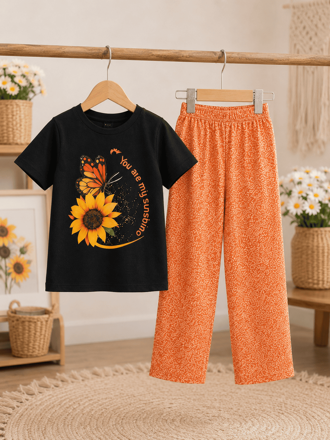 Ory Moon girls' printed top and pants set for ages 3 to 12, featuring a soft fabric and colorful design.