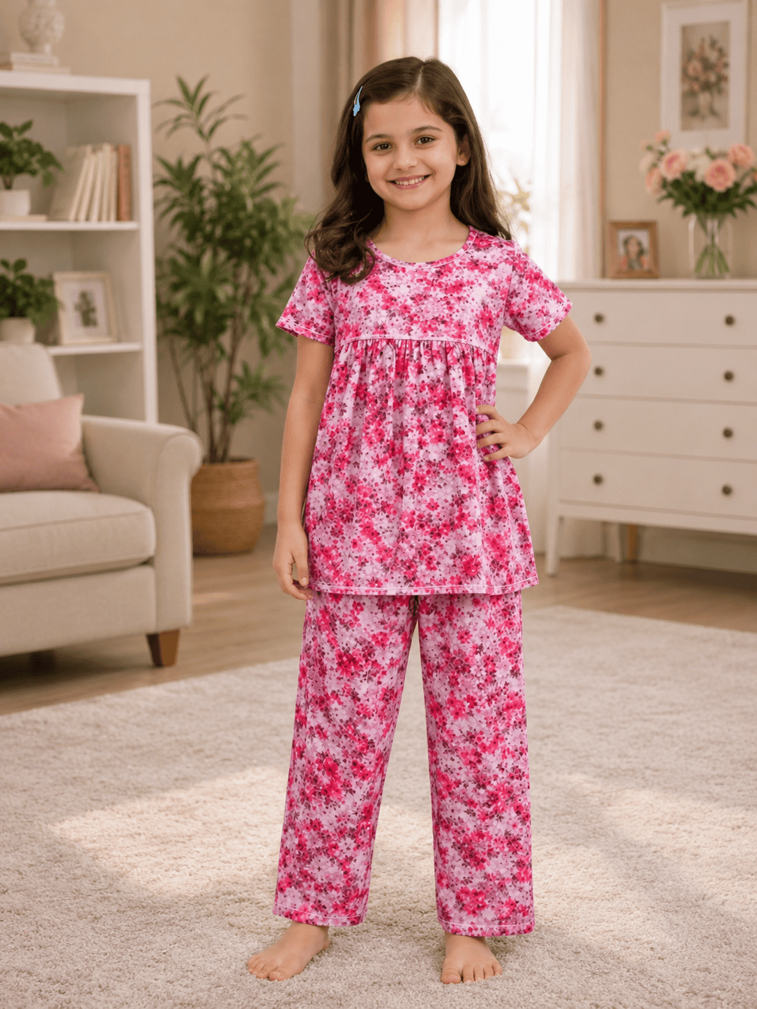 Ory Moon girls' floral frock and pants set for ages 3 to 12, featuring a colorful floral dress with matching pants.