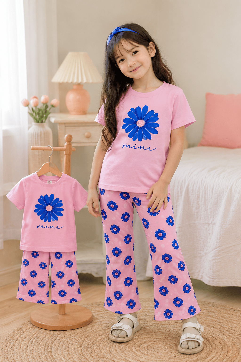 Girls' soft printed top and pants set for ages 3 to 12 by Ory Moon, featuring a colorful, comfortable fabric design.