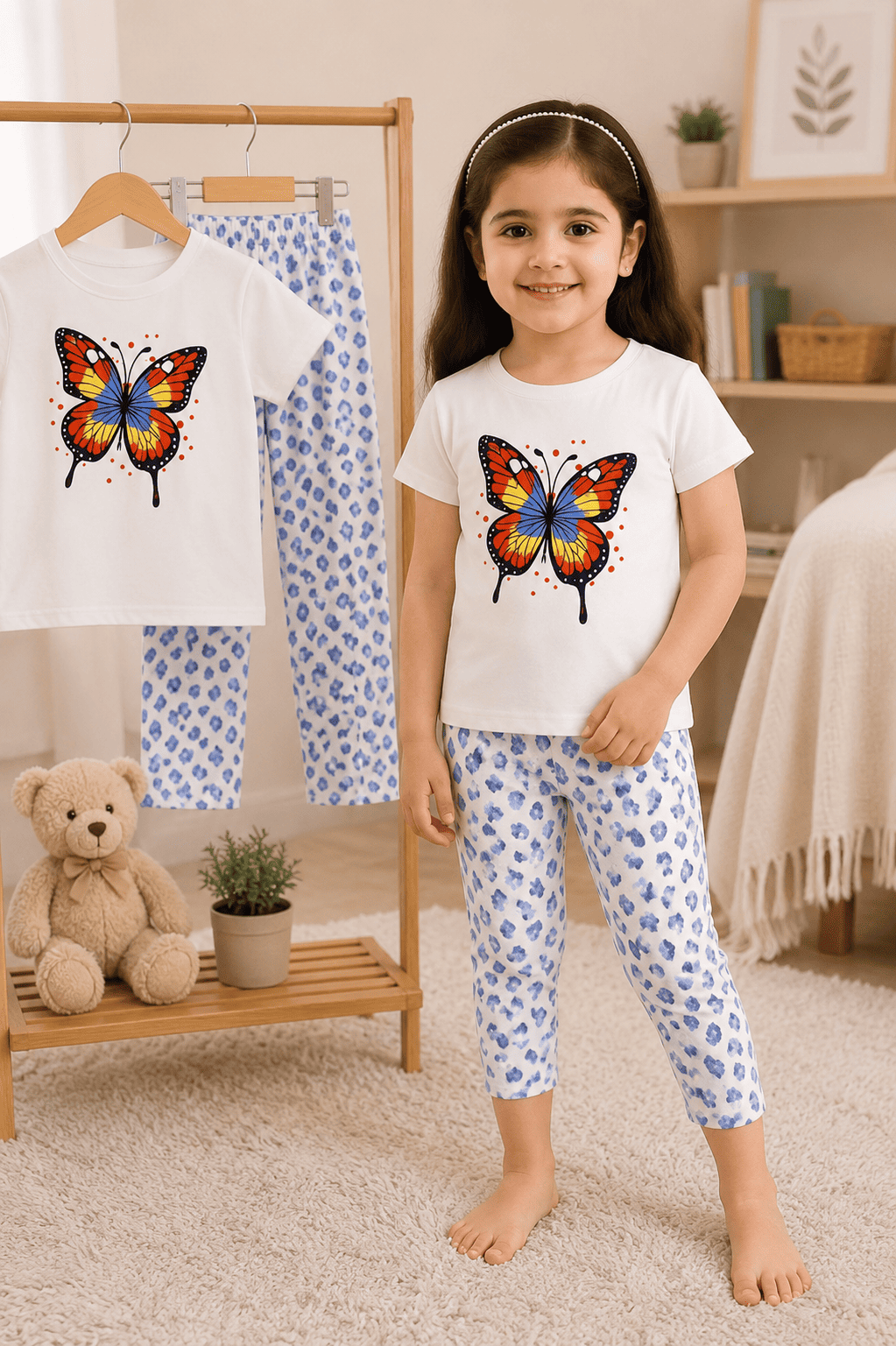 Girls' printed top and pants set for ages 3 to 12 by Ory Moon, featuring soft fabric and colorful design.