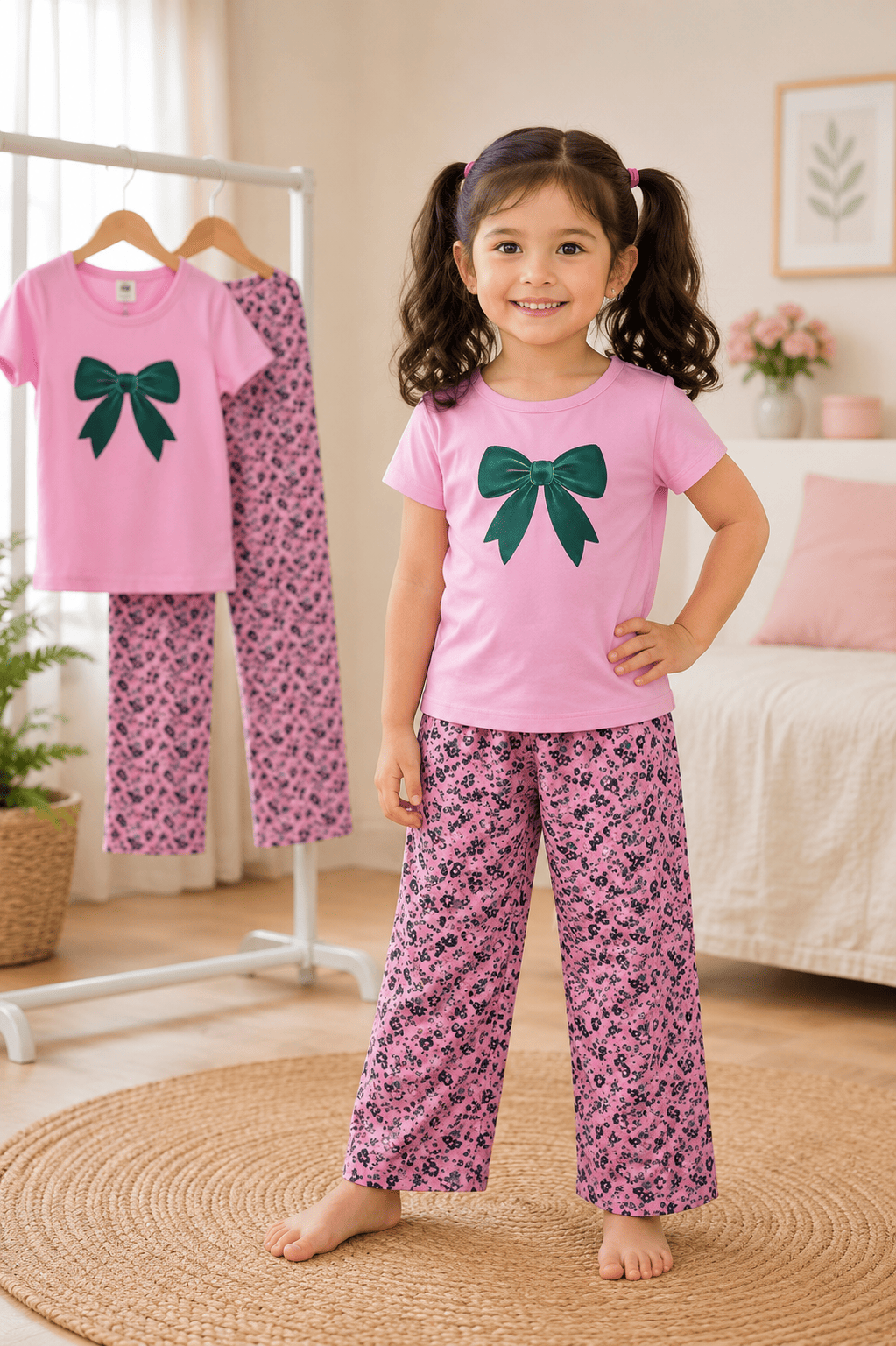 Girls' soft printed top and pants set by Ory Moon for ages 3 to 12, featuring a comfortable, stylish design in pastel colors.